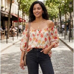 Hug Women Floral Off The Shoulder Blouse mini dress Chiffon Puff Sleeve Top L